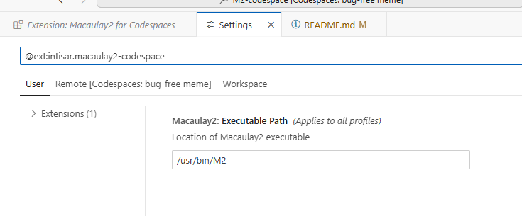 screenshot of Macaulay2 for Codespace extension settings correct executable path.