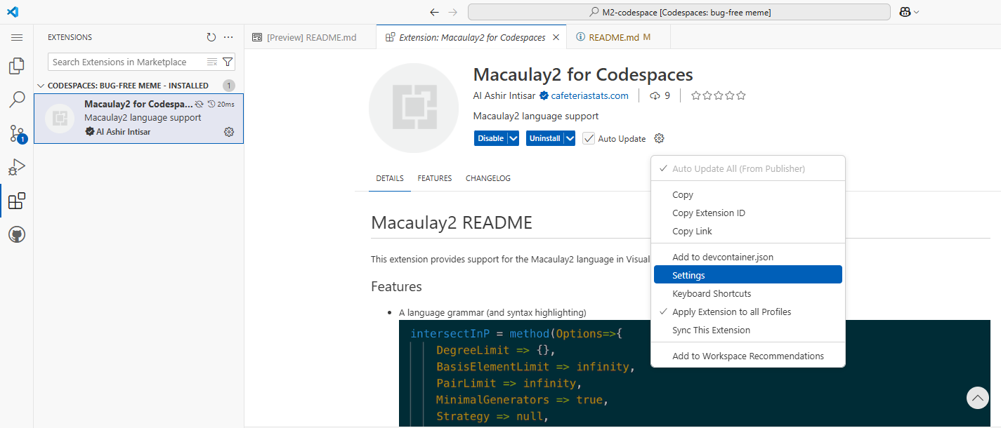 screenshot of Macaulay2 for Codespace extension settings.