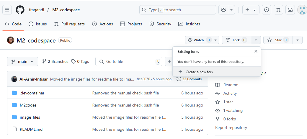 screenshot of M2-codespace with forking instructions.